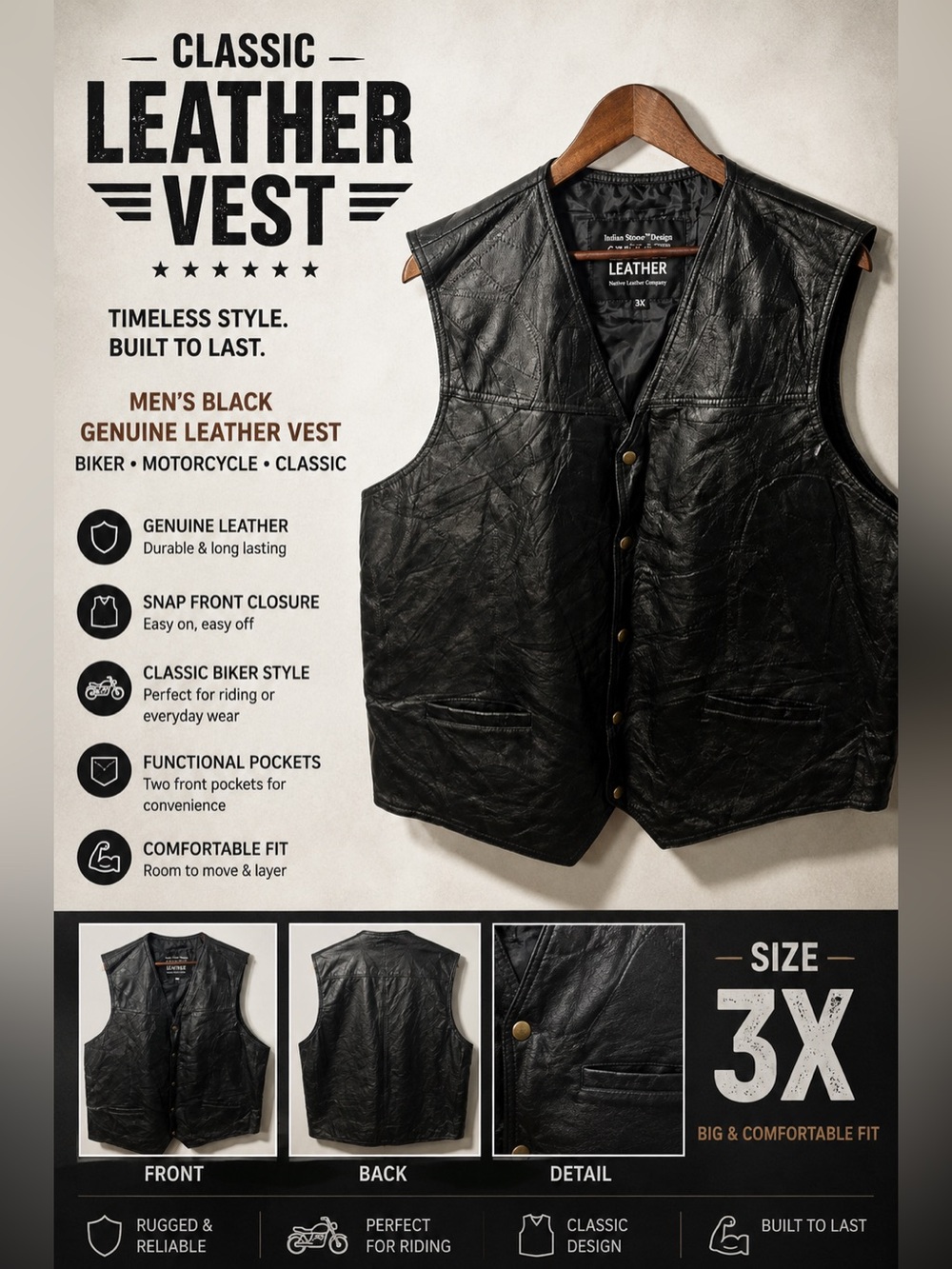 Men’s Black Genuine Leather Vest 3X Snap Front Motorcycle Biker Classic Riding